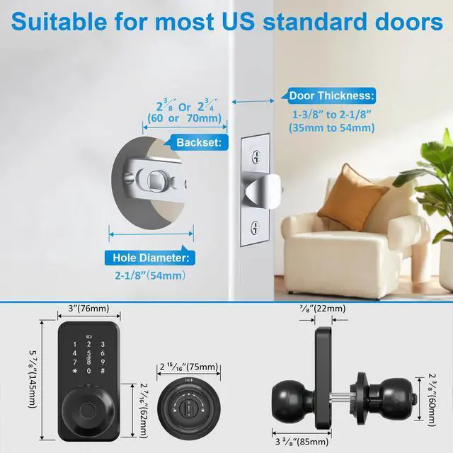 Alt view image 6 of 6 - Smart Door Lock Knob Fingerprint Keypad Keyless Entry Lock for Front Door | Touchscreen Keypad, Electronic Digital Code for Front Door, App Remote Control, Easy Installation