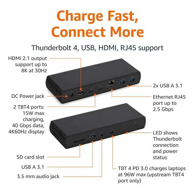 Alt view image 2 of 6 - Thunderbolt 4 Pro Docking Station, Dual 4K Monitor Support, 8K Display, 2xTBT4, 1xHDMI2.1, 3xUSB A 3.1, RJ45 Ethernet, Black, 7.86 x 2.95 x 1.23 inches