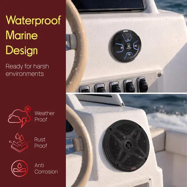 Alt view image 3 of 5 - 6.5'' Dual Marine Speakers Kit - Waterproof-Rated w/Amplified Bluetooth Remote Control Receiver for Powersport Vehicles, IP65 Marine Grade Rating, 600 Watt Max Power - PLMRKT8