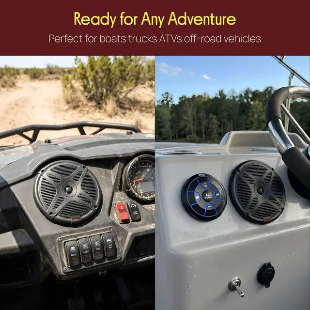 Alt view image 5 of 5 - 6.5'' Dual Marine Speakers Kit - Waterproof-Rated w/Amplified Bluetooth Remote Control Receiver for Powersport Vehicles, IP65 Marine Grade Rating, 600 Watt Max Power - PLMRKT8