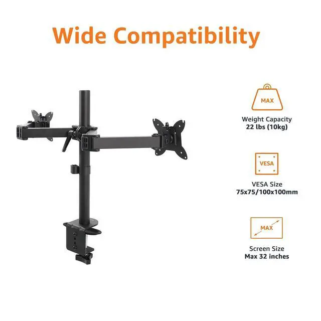 Alt view image 2 of 6 - Adjustable Dual Monitor Desk Mount, Supports up to 32 inch Monitors and 22 lbs per Arm, Adjustable Tension, VESA 75x75/100x100, Black