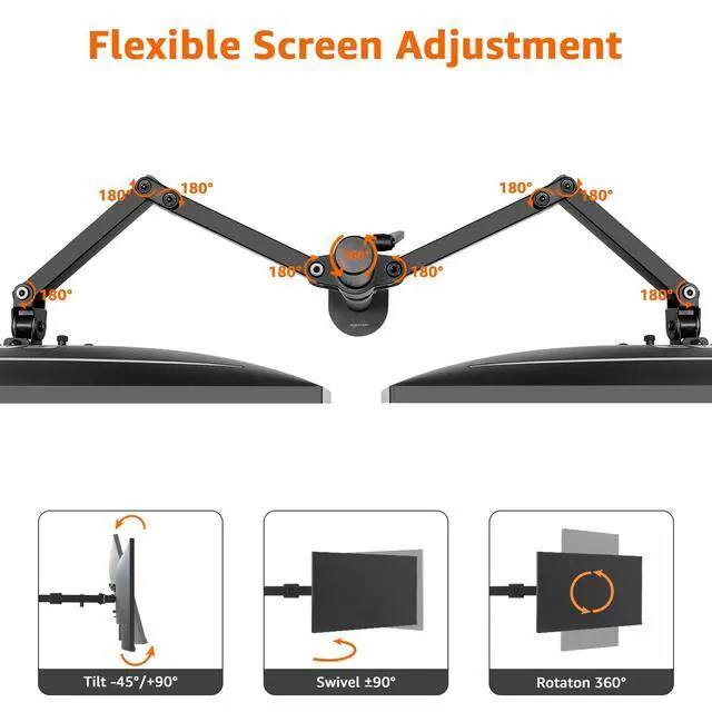 Alt view image 3 of 6 - Adjustable Dual Monitor Desk Mount, Supports up to 32 inch Monitors and 22 lbs per Arm, Adjustable Tension, VESA 75x75/100x100, Black