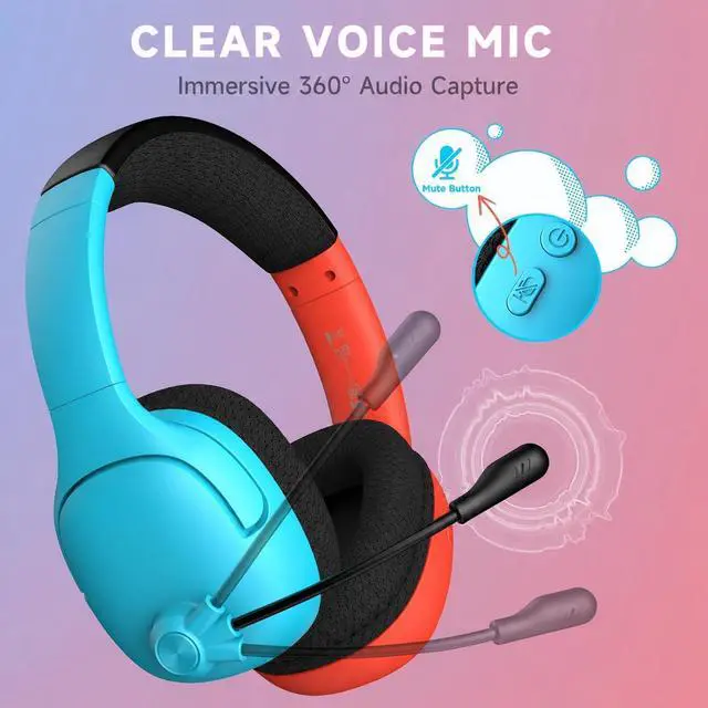Alt view image 2 of 6 - Wireless Gaming Headset for Nintendo Switch 2, Noise Cancelling Mic | Compatible with OLED/Lite, 3.5mm Stereo, Lightweight On-Ear for PS5, PC and Fortnite, Red/Blue