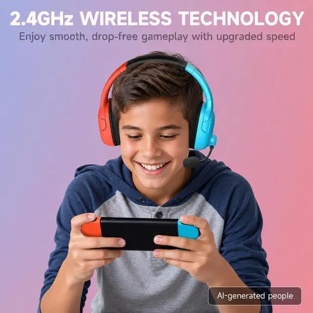 Alt view image 5 of 6 - Wireless Gaming Headset for Nintendo Switch 2, Noise Cancelling Mic | Compatible with OLED/Lite, 3.5mm Stereo, Lightweight On-Ear for PS5, PC and Fortnite, Red/Blue
