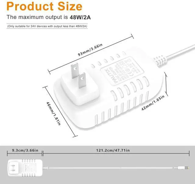 Alt view image 2 of 6 - 24V DC Power Supply Adapter 2A 48W Low Voltage Converter LED Driver Transformer with 5.5 x 2.1mm US Plug for LED Strip,COB LED Lighting,CCTV Camera,Suit 1.5A 1A 0.5A Device Power Source(White)
