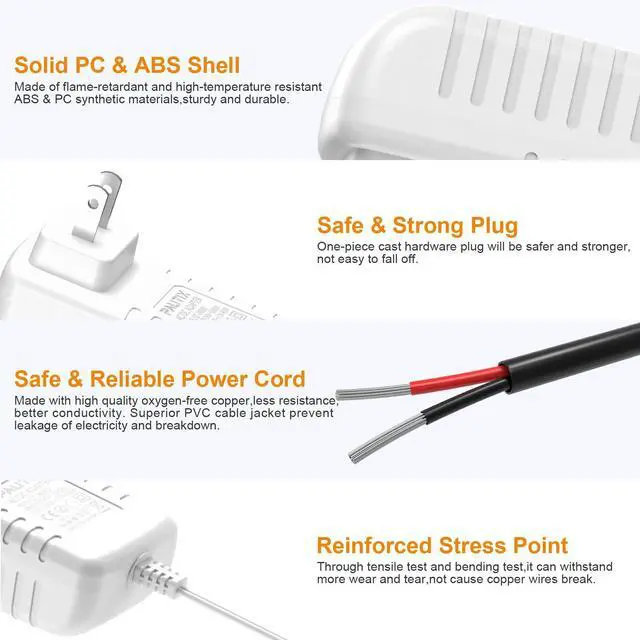 Alt view image 5 of 6 - 24V DC Power Supply Adapter 2A 48W Low Voltage Converter LED Driver Transformer with 5.5 x 2.1mm US Plug for LED Strip,COB LED Lighting,CCTV Camera,Suit 1.5A 1A 0.5A Device Power Source(White)