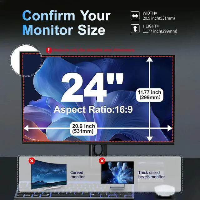 Alt view image 6 of 6 - 2 Pack 24 Inch Magnetic Computer Privacy Screen for Monitor 16:9 Aspect Ratio, Anti Blue Light Computer Screen Privacy Shield, Removable Anti Glare Screen Protector for Dell HP Lenovo ASUS LG Acer Sam