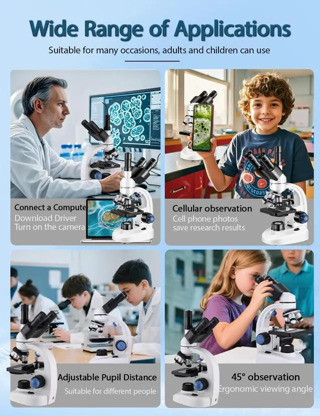 Alt view image 3 of 6 - Trinocular Microscope 40X-5000X Magnification, Microscope for Adults, Laboratory Grade with Dual Mechanical Stage and HD USB Camera Microscope
