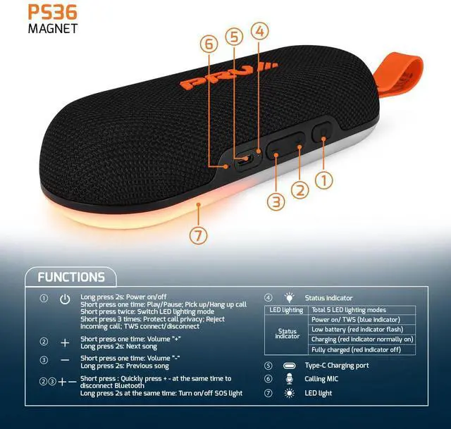 Alt view image 6 of 6 - Loud Portable Bluetooth Speaker Wireless PS36 Magnet - Magnetic Waterproof Outdoor Speaker with Lights, 36W Super Bass, TWS Pairing, 10-Hour Playtime for Camping, Travel, Beach, Golf