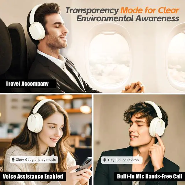 Alt view image 5 of 6 - Hybrid Active Noise Cancelling Bluetooth Headphones,Bluetooth 6.0 Over Ear Wireless Headphones with 60H Playtime, Hi-Res Audio, Deep Bass, Memory Foam Ear Cups for Home Office Travel White