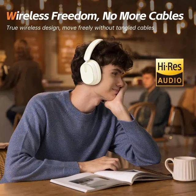 Alt view image 6 of 6 - Hybrid Active Noise Cancelling Bluetooth Headphones,Bluetooth 6.0 Over Ear Wireless Headphones with 60H Playtime, Hi-Res Audio, Deep Bass, Memory Foam Ear Cups for Home Office Travel White