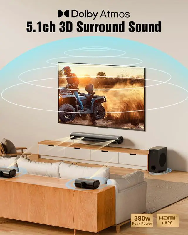 Alt view image 3 of 6 - 5.1ch Dolby Atmos Soundbar with 5.25'' Subwoofer, Clear Voice, Surround Sound System w/2 Wired Rear Speakers, 380W Peak Power Bluetooth PC Sound Bar for TV, eARC/ARC/Opt, 2025