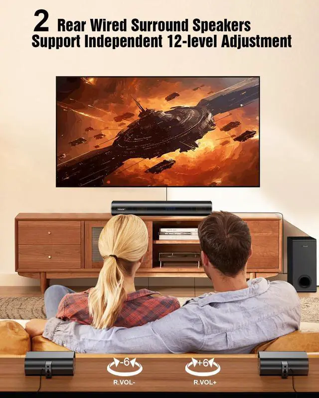Alt view image 6 of 6 - 5.1ch Dolby Atmos Soundbar with 5.25'' Subwoofer, Clear Voice, Surround Sound System w/2 Wired Rear Speakers, 380W Peak Power Bluetooth PC Sound Bar for TV, eARC/ARC/Opt, 2025