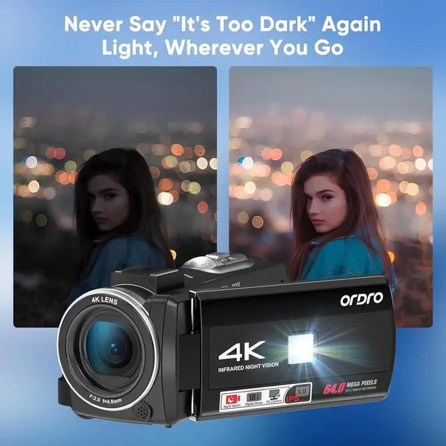 Alt view image 3 of 5 - 4K Camcorder, 64MP Vlogging Camera for YouTube with 18X Digital Zoom, IR Night Vision, 32G Memory Card and Mini Tripod