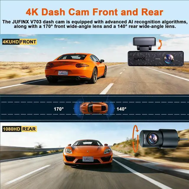 Alt view image 2 of 6 - 4K Dash Cam Front and Rear,with Apple Find My Function, 5.8GHz WiFi | Dash Camera for Cars,WDR Night Vision Technology, 170° Wide-Angle Shooting and 24-Hour Parking Monitoring Mode.(V703)