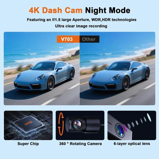 Alt view image 3 of 6 - 4K Dash Cam Front and Rear,with Apple Find My Function, 5.8GHz WiFi | Dash Camera for Cars,WDR Night Vision Technology, 170° Wide-Angle Shooting and 24-Hour Parking Monitoring Mode.(V703)
