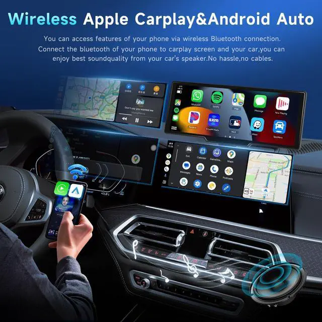 Alt view image 2 of 6 - 10.26" Wireless CarPlay Car Stereo with 1080P Backup Camera, Portable Car Radio with Wireless Android Auto, IPS Touchscreen, Voice Control, Bluetooth, CarPlay Navigation, AUX/FM