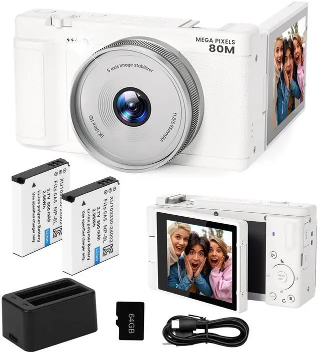 Main image of 5K Digital-Cameras Flip Screen for Photography,Upgraded Autofocus 80MP Vlogging Camera for YouTube, 3" 270° Dual Lens Selfie Camera with18x Digital Zoom, 64GB SD Card, 2 Batteries & Charger,White