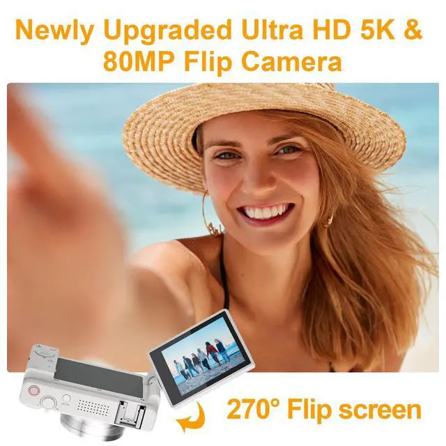 Alt view image 2 of 6 - 5K Digital-Cameras Flip Screen for Photography,Upgraded Autofocus 80MP Vlogging Camera for YouTube, 3" 270° Dual Lens Selfie Camera with18x Digital Zoom, 64GB SD Card, 2 Batteries & Charger,White