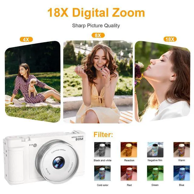 Alt view image 4 of 6 - 5K Digital-Cameras Flip Screen for Photography,Upgraded Autofocus 80MP Vlogging Camera for YouTube, 3" 270° Dual Lens Selfie Camera with18x Digital Zoom, 64GB SD Card, 2 Batteries & Charger,White