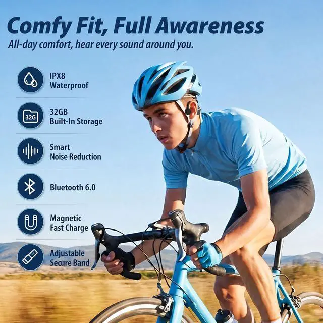 Alt view image 6 of 6 - Bone Conduction Headphones IPX8 Waterproof Open Ear 32G MP3 Player | 8 Hours Long Battery & Secure Fit, Lightweight Open Ear Comfort, for Swimming, Running & Cycling, Great for Outdoor Fitness