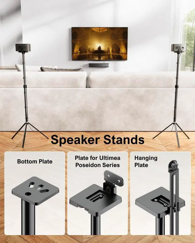 Alt view image 2 of 6 - Speaker Stands Pair, Height Adjustable Speaker Stand, Extends 24.4" to 36.6", Holds 6.6 lbs, Compatible with VIZIO, Sony, Bose, Polk, Poseidon Series Surround Sound Speaker, Steady 300