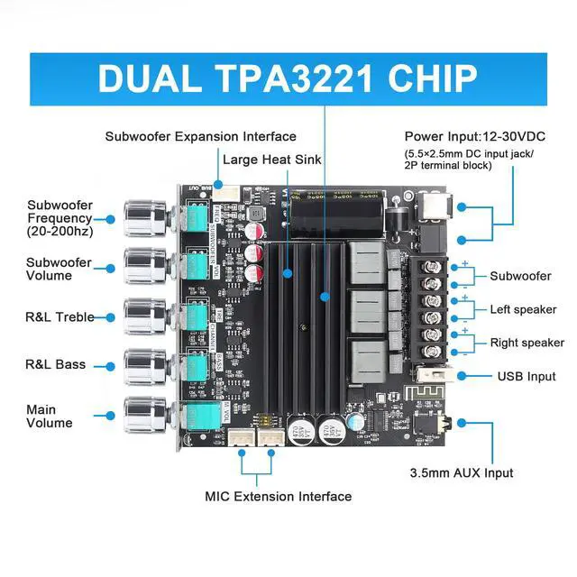 Alt view image 2 of 6 - ZK-ST21 100Wx2+200W 2.1Channel Bluetooth Amplifier Board with Subwoofer, TPA3221 Chip, Bass/Treble Control, Bluetooth/AUX/USB Input, 12-30V Wide Voltage Vehicle Amplifier