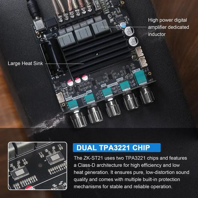 Alt view image 4 of 6 - ZK-ST21 100Wx2+200W 2.1Channel Bluetooth Amplifier Board with Subwoofer, TPA3221 Chip, Bass/Treble Control, Bluetooth/AUX/USB Input, 12-30V Wide Voltage Vehicle Amplifier