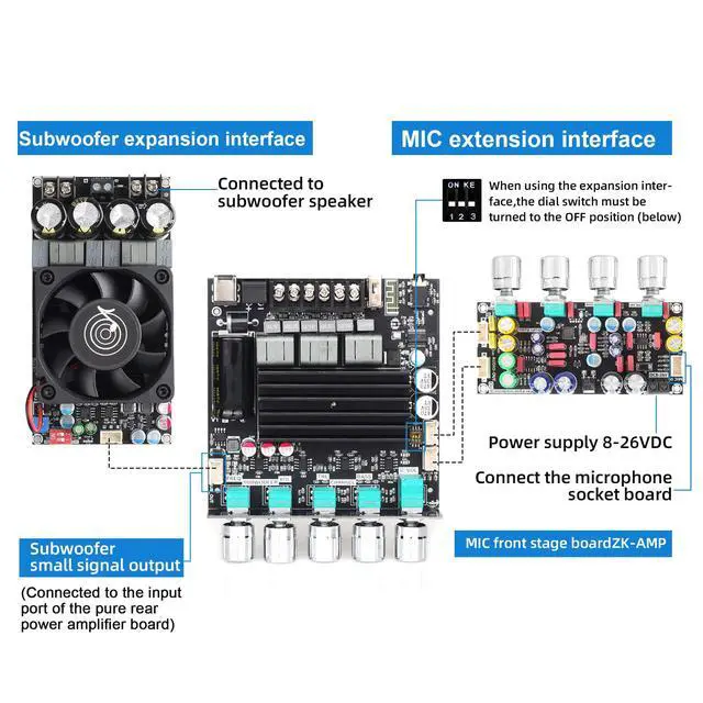 Alt view image 6 of 6 - ZK-ST21 100Wx2+200W 2.1Channel Bluetooth Amplifier Board with Subwoofer, TPA3221 Chip, Bass/Treble Control, Bluetooth/AUX/USB Input, 12-30V Wide Voltage Vehicle Amplifier