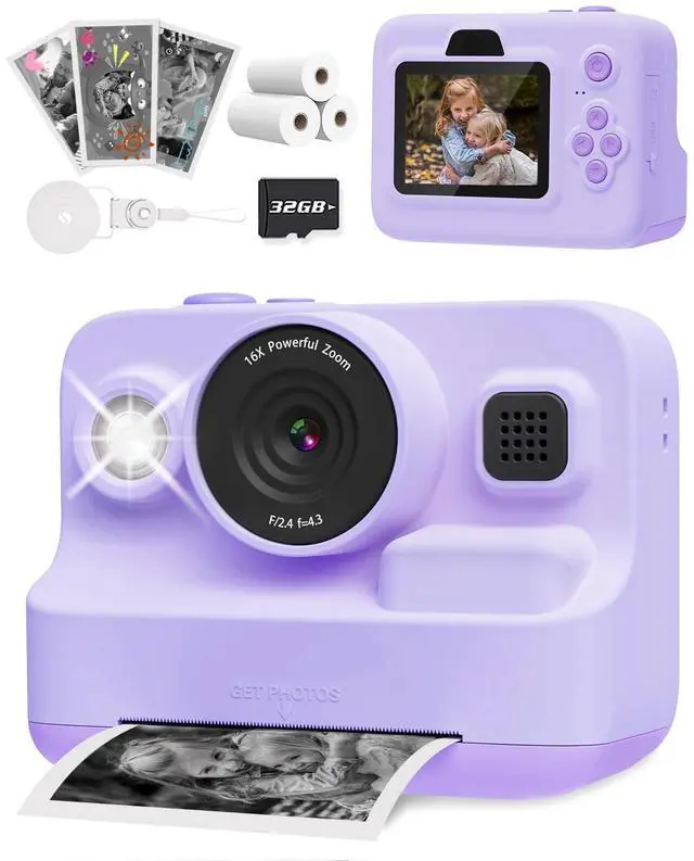 Main image of Instant Camera Toys for Age 3-12 Girls Boys Christmas Birthday Party Gift Ideas - 2.4 inch IPS Screen Kids Digital Camera with 1080P Video Recorder 32GB SD Card with 3 Paper Rolls Purple