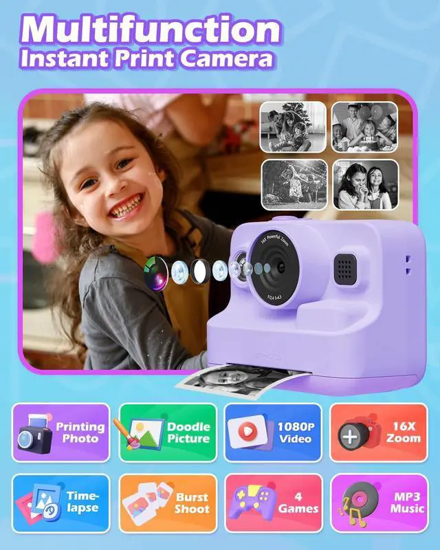 Alt view image 2 of 6 - Instant Camera Toys for Age 3-12 Girls Boys Christmas Birthday Party Gift Ideas - 2.4 inch IPS Screen Kids Digital Camera with 1080P Video Recorder 32GB SD Card with 3 Paper Rolls Purple