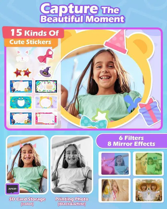 Alt view image 3 of 6 - Instant Camera Toys for Age 3-12 Girls Boys Christmas Birthday Party Gift Ideas - 2.4 inch IPS Screen Kids Digital Camera with 1080P Video Recorder 32GB SD Card with 3 Paper Rolls Purple