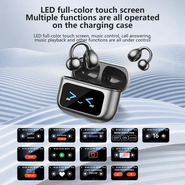 Alt view image 2 of 6 - Ultra Open Ear Earbuds,Clip On Headphones with Digital Display Charging Case Bluetooth 5.4 Wireless Lightweight Comfort Bone Conduction earphones IPX7 Waterproof Sport Earphones for Running Fitness