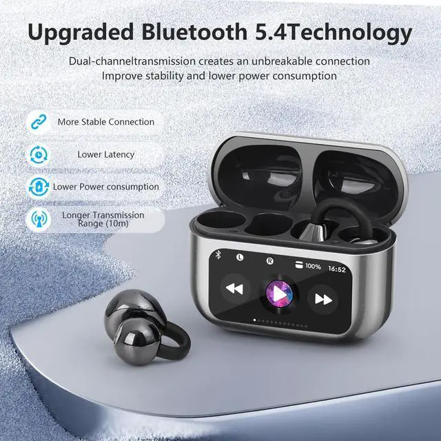 Alt view image 3 of 6 - Ultra Open Ear Earbuds,Clip On Headphones with Digital Display Charging Case Bluetooth 5.4 Wireless Lightweight Comfort Bone Conduction earphones IPX7 Waterproof Sport Earphones for Running Fitness