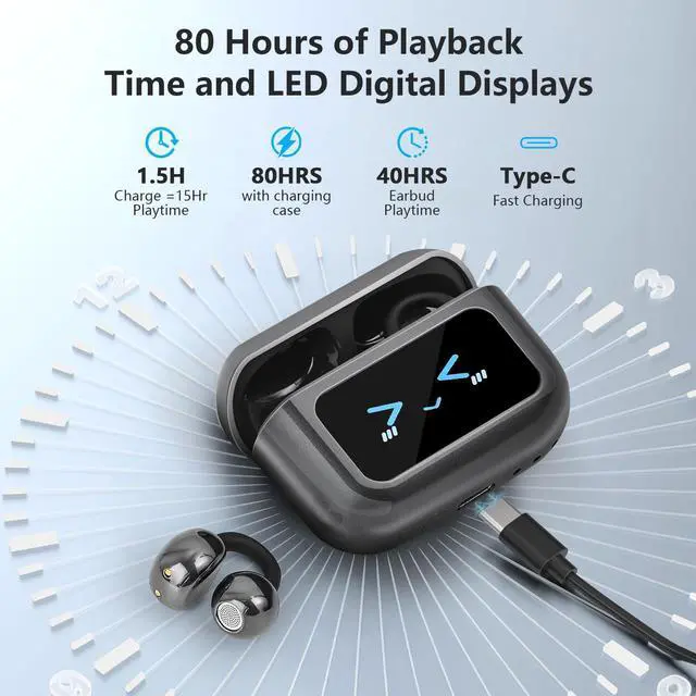 Alt view image 4 of 6 - Ultra Open Ear Earbuds,Clip On Headphones with Digital Display Charging Case Bluetooth 5.4 Wireless Lightweight Comfort Bone Conduction earphones IPX7 Waterproof Sport Earphones for Running Fitness
