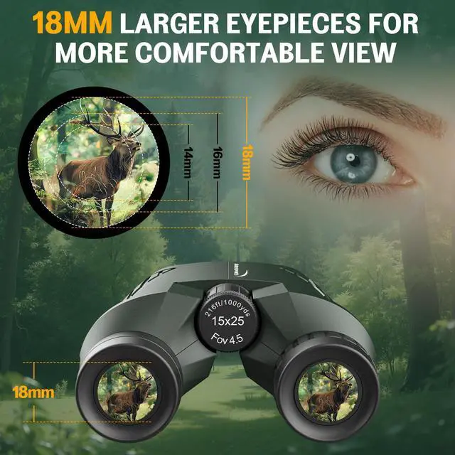 Alt view image 3 of 6 - 15x25 Compact Binoculars for Adult Kids - High Power Binoculars for Bird Watching - Easy Focus Small Binocular with Low Light Vision for Travel, Camping, Concert, Hiking -Green