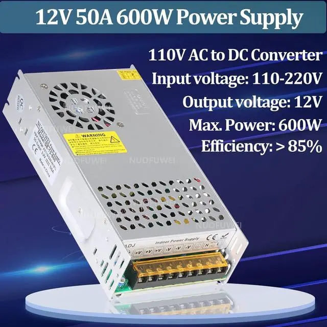 Alt view image 2 of 6 - DC 12V 50A 600W Power Supply 110V AC to 12V DC Converter | 50A 600W Switch Power Supply Adapter Transformer for 12V Motor Pump CCTV Security Camera Car Stereo 3D Printer