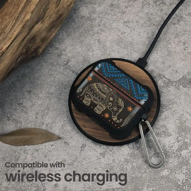 Alt view image 5 of 6 - Balck Solid Wood for AirPods Pro 2 Case (2nd/1st Gen) Boho Elephant | Airpods Pro Case 2nd / 1st Generation (2023/2022/2019) with Quick Released Keychain, TPU Shockproof Cover, Hand-Drawn Style