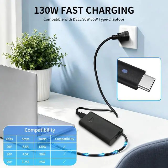 Alt view image 2 of 6 - 130W USB C Laptop Charger for Dell XPS 15/17, Precision and Latitude | XPS 9575/9500/9510/9520/9530/9700/9710/9720, Precision 5530/5550/5560/5570/5750/5760, Latitude 5420/5450/5520/5540/7410