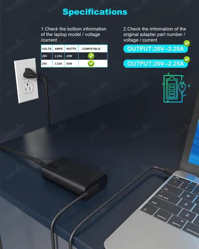Alt view image 2 of 6 - New Slim 65W USB C Laptop Charger Compatible with Lenovo Yoga Thinkpad | Type C Chromebook Computer T14 T15 T16 E14 E15 E16 X1 Carbon X13 Gen 5 4 3 2 1 AC Adapter Power Cord