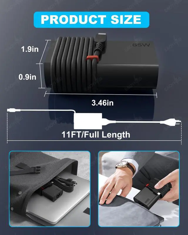 Alt view image 4 of 6 - New Slim 65W USB C Laptop Charger Compatible with Lenovo Yoga Thinkpad | Type C Chromebook Computer T14 T15 T16 E14 E15 E16 X1 Carbon X13 Gen 5 4 3 2 1 AC Adapter Power Cord