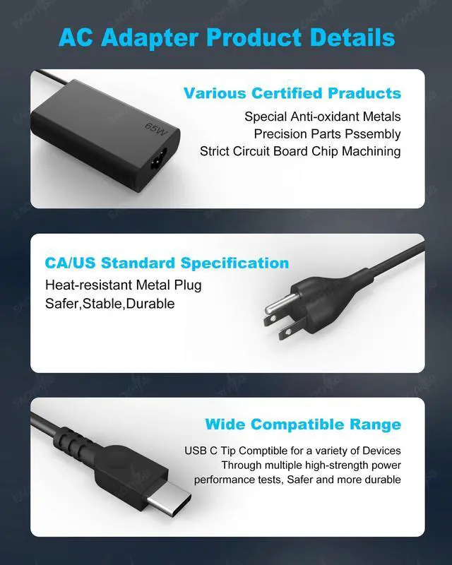 Alt view image 6 of 6 - New Slim 65W USB C Laptop Charger Compatible with Lenovo Yoga Thinkpad | Type C Chromebook Computer T14 T15 T16 E14 E15 E16 X1 Carbon X13 Gen 5 4 3 2 1 AC Adapter Power Cord