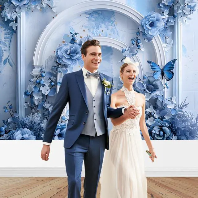 Alt view image 2 of 6 - Blue Floral Backdrop - Something Blue Before I Do Bridal Shower Wedding Backdrops, Flowers Wedding Birthday Decorations Background Studio Props (Blue, 7x5ft)