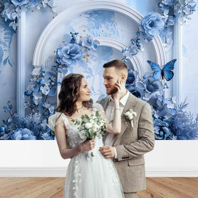 Alt view image 4 of 6 - Blue Floral Backdrop - Something Blue Before I Do Bridal Shower Wedding Backdrops, Flowers Wedding Birthday Decorations Background Studio Props (Blue, 7x5ft)