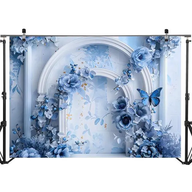 Alt view image 5 of 6 - Blue Floral Backdrop - Something Blue Before I Do Bridal Shower Wedding Backdrops, Flowers Wedding Birthday Decorations Background Studio Props (Blue, 7x5ft)