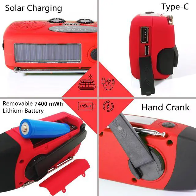 Alt view image 4 of 6 - 2000mAh SOS Alarm Emergency AM FM Weather Radio, 3LED Type-C Hand Crank Solar Battery Operated Portable Wind Up Radio Flashlight, Cell Phone Charger Survival Kit (Red)