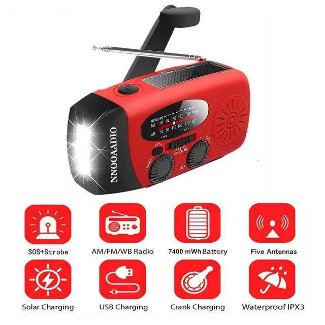 Alt view image 5 of 6 - 2000mAh SOS Alarm Emergency AM FM Weather Radio, 3LED Type-C Hand Crank Solar Battery Operated Portable Wind Up Radio Flashlight, Cell Phone Charger Survival Kit (Red)
