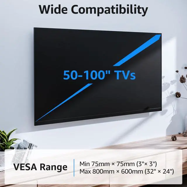 Alt view image 2 of 6 - Fixed TV Wall Mount for Most 50-100" TVs, 1.3 Slim Low Profile TV Mount with Level Design, Heavy Duty Mount for Large TVs, Fits 16"-32" Studs, Max VESA 800x600mm 199 LBS Loading