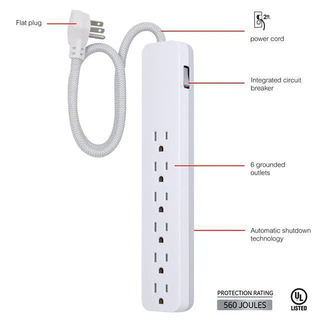 Alt view image 2 of 6 - UltraPro 6 Outlet Sur Protector, 2 Ft Designer Braided Extension Cord, Flat Plug, Wall Mount, White, 45264