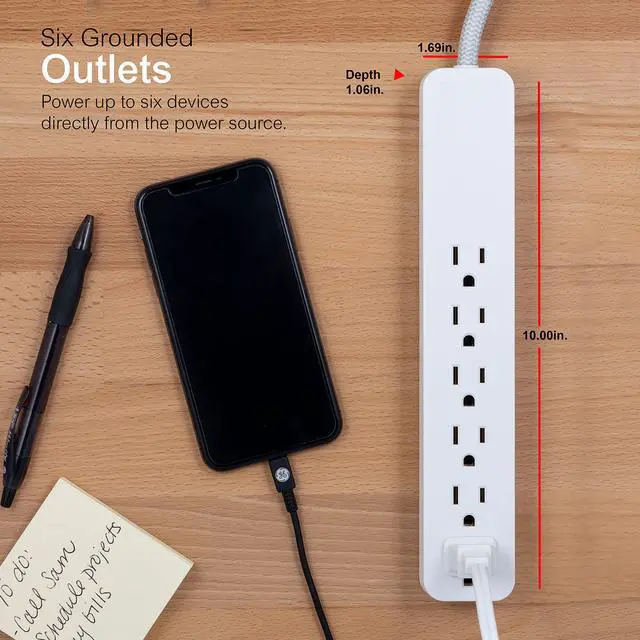 Alt view image 3 of 6 - UltraPro 6 Outlet Sur Protector, 2 Ft Designer Braided Extension Cord, Flat Plug, Wall Mount, White, 45264